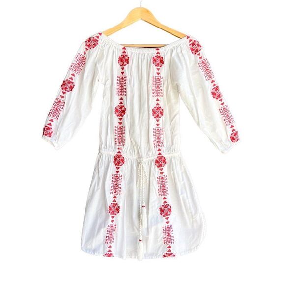 Pampelone Bardot White Red Embroidered Off the Shoulder Tunic Dress Cover Up - Picture 3 of 11